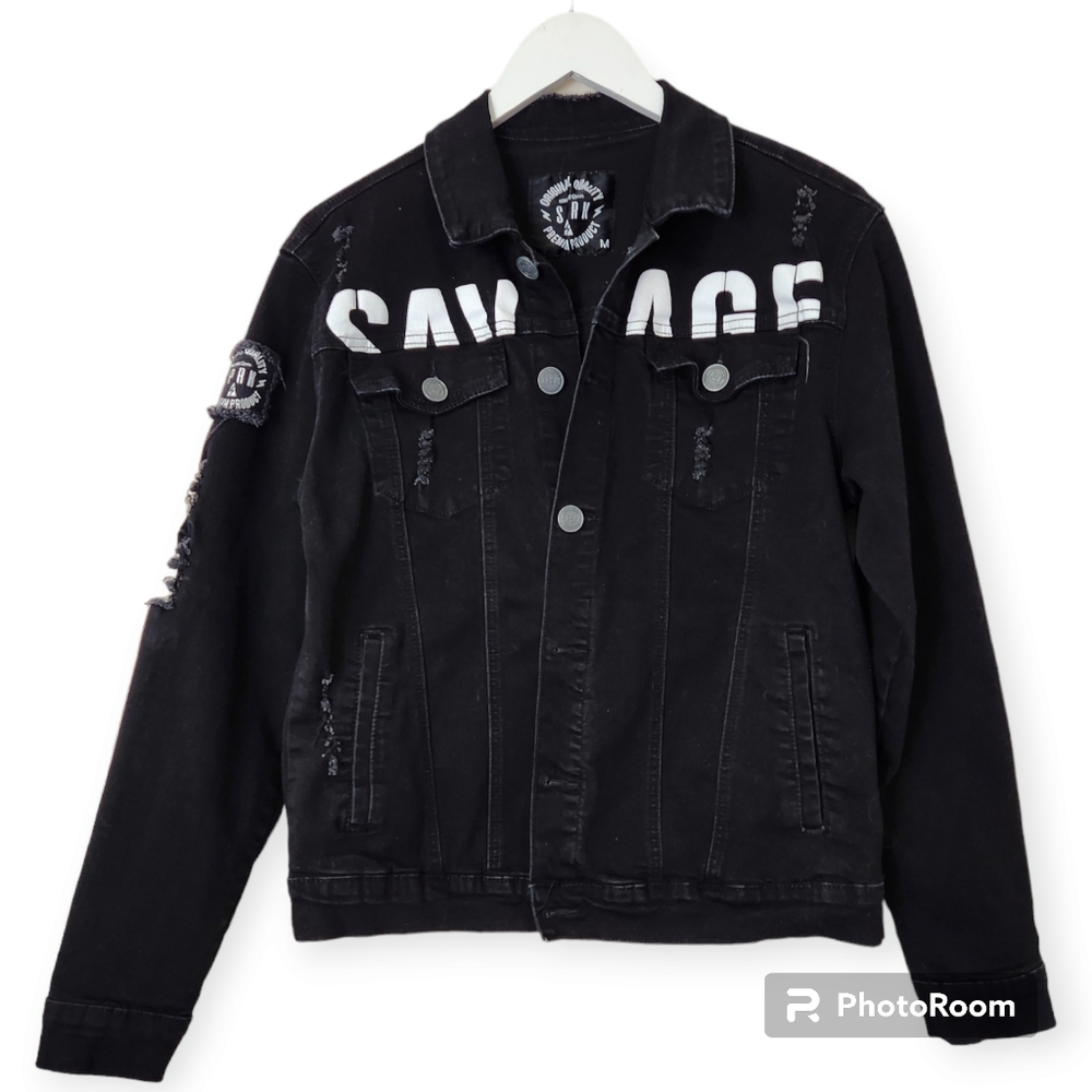 Spark Premium Black Denim Streetwear Savage Distressed Jacket size Medium